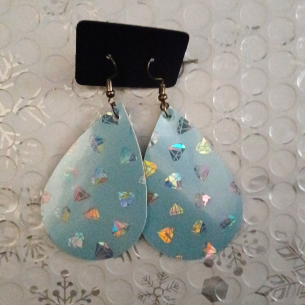 Baby blue and silver holographic diamond design earrings